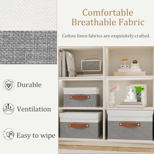 OUTBROS Large Collapsible Storage Basket with Lid, Linen Fabric Containers, Wardrobe Organiser For Towels, Clothes, 13 x 9.1 x 7.9 inch, White/Grey, 5-Pack - color: White/Grey, size: 13x9.1x7.9in(5-pack)