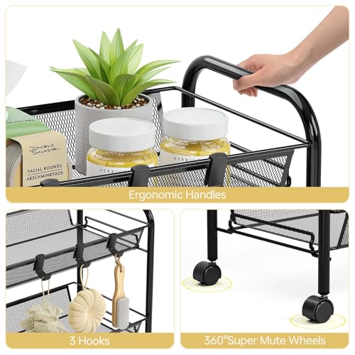 TOOLF 5-Tier Metal Utility Cart with 3 Hooks, Easy Assemble Mobile Storage Trolley On Wheels, Metal Shelving Units Kitchen Bathroom Laundry Room - color: Black, size: 5-Tier