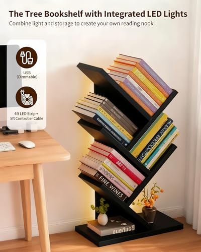Godferyxin Tree Bookshelf with Liting,Small Bookshelf LED and Desktop Book Shelf Light for Office, Home or School Mini Bookcase for Wood Displaying Books, CDs, Magazines Wood Shelf Rack - color: 5tier-bookshelf Liting Black