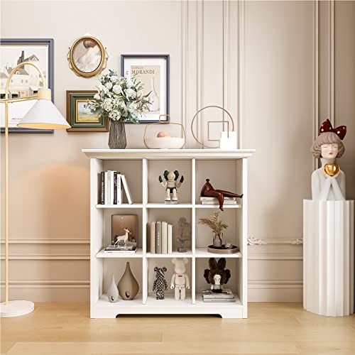 OSCHF Wooden Cube Shelf Bookcase - Modern 3 Tiers Floorstanding Open Bookshelf with Base for Home and Office, 9 Cubes Storage Cabinet, Warm White - color: Warm White, size: 9-Cube