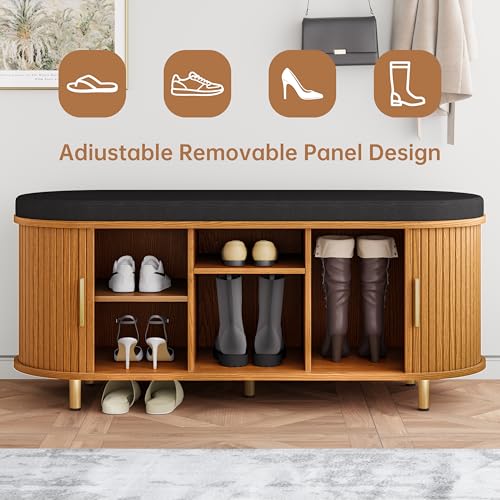 DHH 2-Tier Storage Bench,Wide Shoe Bench with Thickened Padded Seat Cushion, Mid Century Modern Fluted Sliding Door and Adjustable Shelf, for Entryway, Living Room, Bedroom (Yellow Walnut, 43.3“) - color: Yellow Walnut, size: 43.3 inch