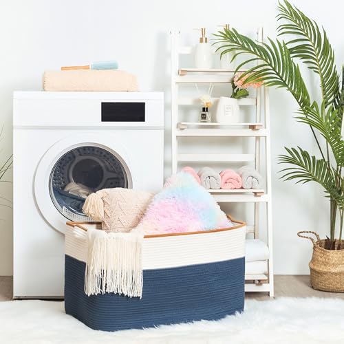 MINTWOOD Design 22in Extra Large Blanket Basket Holder Living Room, Rectangle Rope Woven Storage Basket with Handles for Laundry, Pool Towels, and Shoes, Dog Toy Organizer Bin Box, Prussian Blue - color: Prussian Blue