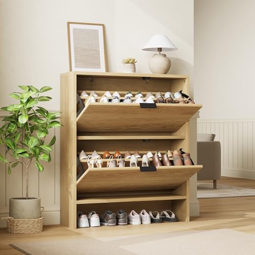 Garvee Shoe Storage Cabinet for Entryway, Fluted Shoe Cabinet with 2 Flip Drawers Doors, 32" Wide Hidden Shoe Rack Tall Freestanding Shoe Organizer for Entrance, Hallway, Living Room, Natural - color: Natural, size: 2 Drawers