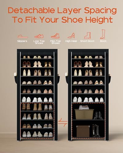 CASAMAYA Shoe Rack with Covers, 10 Tiers Tall Shoe Rack Organizer, Large Capacity Shoe Shelf Storage, Hold 30 Pairs of Shoes, Vertical Shoe Storage Organizer for Closet, Entryway, Black, SRT103B01 - size: 24.8"W - 10 Tier