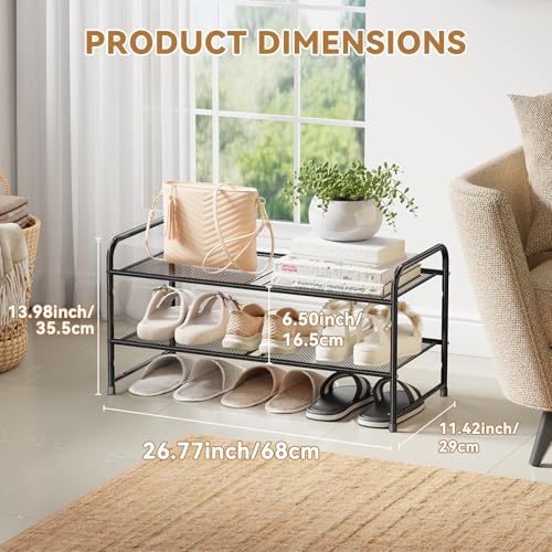 2 Tier Metal Shoe Rack, 27 Inch Wide Stackable Closet Shoe Organizer with Durable Mesh Shelves, Adjustable, Black - color: Black, size: 2 Tier