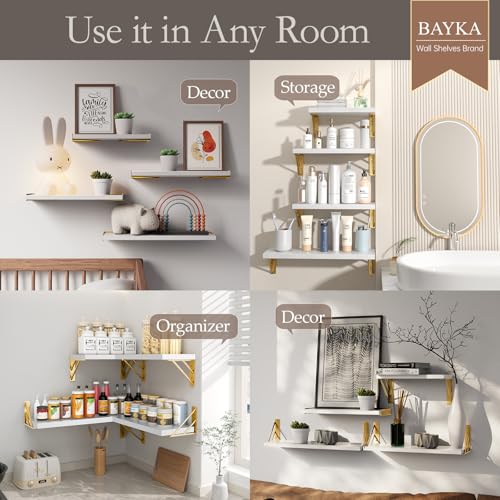BAYKA Wall Shelves for Bedroom Decor, Floating Wall Shelf for Living Room Kitchen Storage, Mounted Rustic Wood Shelves for Kids Books, Christmas Decorations for Room(White and Gold，Set of 4) - color: B. White Board & Gold Brackets, size: 16-inch Mixed
