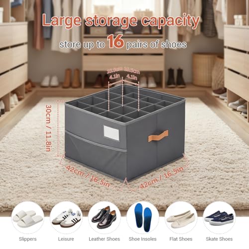 Shoe Organizer for Closet, Foldable Shoe Storage Organizer Containers with Clear Cover, Space Saving Shoes Holder with Handles, Gray (1, Large) - color: Grey-1pcs Large
