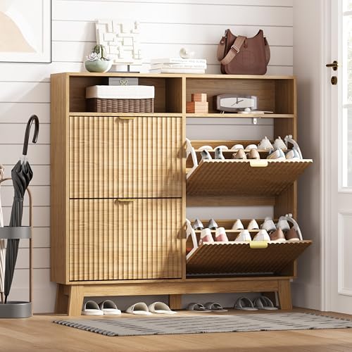 HUANLEGO Shoe Cabinet Storage for Entryway with 4 Flip Drawers, Fluted Narrow Shoe Organizer with Wooden Legs & Top Cubby, Freestanding Slim Shoe Storage Hidden Shoe Rack for Front Door Entrance, Oak - color: Oak, size: 4 Drawer with Cubby