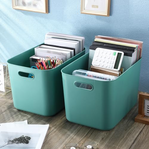 Hoolerry 8 Pieces Colorful Storage Bins with Lid, Plastic Storage Basket Organizing Container Stackable Box with Handle for Shelves Desktop Playroom Office(14.2 x 10.2 x 9.5 Inch,Green) - color: Green, size: 14.2 x 10.2 x 9.5 Inch