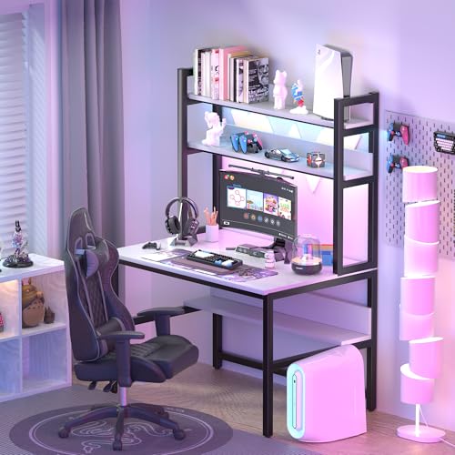 Aquzee Computer Desk with Shelves, 47" W x 23.6" D Gaming Desk with Hutch and Bookshelf, White Study Table for Bedroom Space Saving with 3 Tier Storage Shelf, Home Office Desk for Writing Work - color: White, size: 47inch