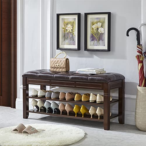 LEILISI Shoe Bench, Storage Rack Organizer with Cushion 2 Tier Lift Top Shoe Rack for Entryway Living Room Bedroom Hallway Wooden Furniture (Brown, 39.4'') - color: Brown, size: 39.4