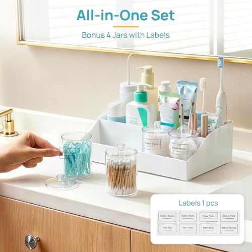 Vtopmart 5 PCS Bathroom Countertop Organizer, 1 Divided Tray with 4 Qtip Holder Jars, Restroom Clear Organizers for Toothbrush, Cotton Pads Balls, Floss, Bathroom Vanity Accessories Storage Set, White - color: White