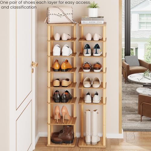 LUCKNOCK Vertical Shoe Rack, 8-Tier Tall Narrow Shoe Organizer for Entryway, Closet, Dorm & Small Spaces, Freestanding Wooden Shoe Shelf Tower for Boots, Sneakers, Heels. (Walnut) - color: Walnut
