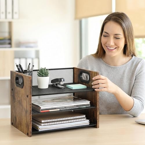 Desk Organizer - 3 Tier Wood & Metal Mesh Desktop Organizer for Office, Home, School, Workspace, Office Desk Organzier for Papers, Mail, Notebooks, Stationery - size: 3 Tier