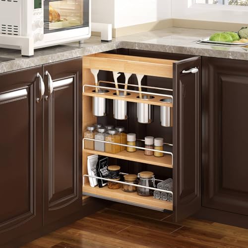 OCG 5" Pull-Out Solid Wood Storage Organizer for Base Cabinets, Soft Close 3 Tier Narrow Pull-out Wooden Storage Rack for Spices, Utensils, and Kitchen Tools - size: 5" W x 22" D Wood (3 tier)