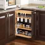 OCG 5" Pull-Out Solid Wood Storage Organizer for Base Cabinets, Soft Close 3 Tier Narrow Pull-out Wooden Storage Rack for Spices, Utensils, and Kitchen Tools - size: 5" W x 22" D Wood (3 tier)