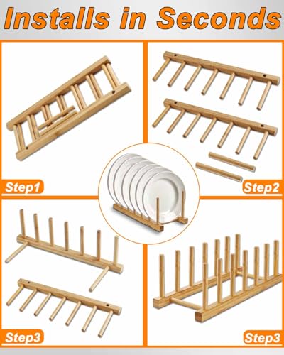 Bamboo Dish Rack, Stylish Vertical Wooden Plate Holder & Drainer, Multi-Purpose Kitchen Cabinet Organizer for Dishes, Pots, Lids, Bowls, Cups & Cutting Boards