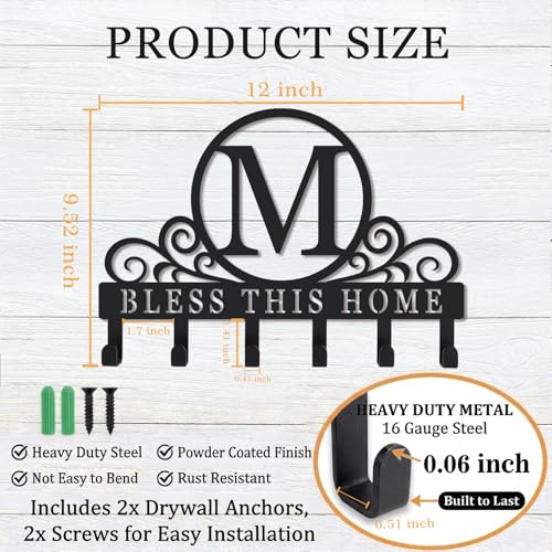 Metal Letter M Key Holder for Wall, Decorative Metal Key Holder Wall Mount, Key Hooks Coat Rack Monogram Wall Decor, Perfect for Bathroom, Living Room, Kitchen, Anniversary Housewarming Gift - style: M