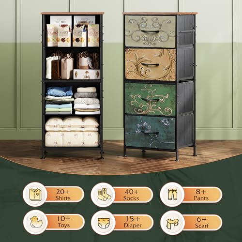 WLIVE Dresser with 4 Drawers, Storage Tower, Organizer Unit, Fabric Dresser for Bedroom, Hallway, Entryway, Closets, Vintage Furniture with Sturdy Steel Frame, Wood Top, Pull Handle, Floral Painted - color: Floral Painted