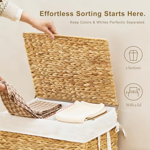 2-Section Laundry Hamper with Lid, Large Capacity Woven Natural Water Hyacinth Laundry Sorter with Removable Liners, Rolling or Non-Slip Design for Bedroom(Natural, 100L) - color: Natural, size: 2-Section