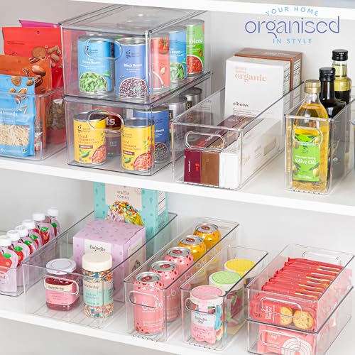 Plastic Food Storage 2 Pack Clear Container Bin with Handles for Organizing Kitchen, Pantry, Refrigerator, Freezer, Pantry, Cabinet, Closet, Bathroom. 14”x4”x5” - size: 14x4x5