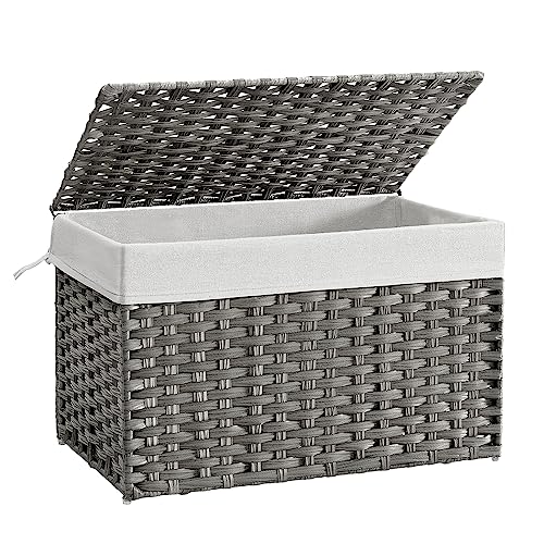 SONGMICS Storage Basket with Lid, Woven Blanket Storage Bin with Handles, Foldable, Removable Liner, Metal Frame, for Bedroom, Laundry Room, 27.7 Gallons (105 L), Gray URST066G01 - color: Gray, size: 105 L
