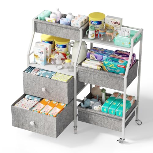 DTK Baby Diaper Caddy Organizer, 3 Tier Rolling Diaper Cart with Dividers and Drawers, Mobile Utility Baby Storage Cart with Wheels, Baby Newborn Essentials for Nursery, Bedroom, Charging Table，Crib