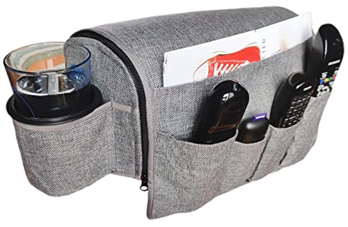 Couch Cup Holder Caddy - Armchair Caddy Remote Control Holder Armrest Organizer Recliner or Sofa - Anti Slip Arm Rest for Drink 5 Pockets for Snacks Gray (6 Inches) - size: 6 Inches