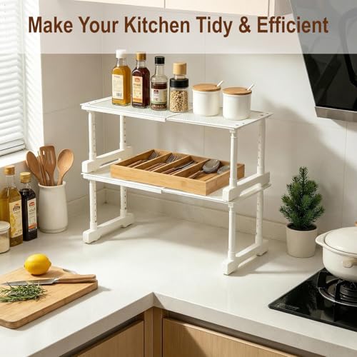 Expandable Cabinet Shelf Orgnizers, Stackable Kitchen Counter Shelves, Adjustable Height Pantry Cupboard Shelf, for Bathroom, Wardrobe, Under Sink Countertop (2)