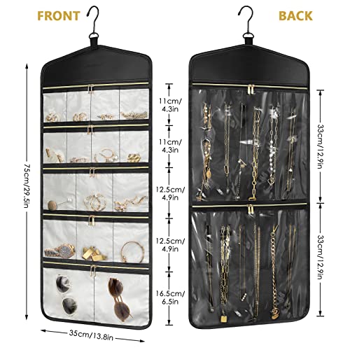 CHICECO Travel Jewelry Holder Organizer,Hanging Jewelry Organizer Storage With Zippered Pockets for Cloest,Wall,Door,Jewelry Holder for Earrings, Necklaces（Beige Black） - color: Beige Black