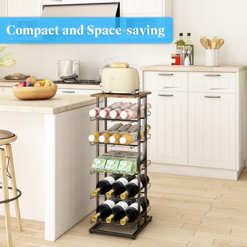 GILLAS 6 Tier with Wooden Top Water Bottle Storage with Wooden Tabletop,Metal Beverage Can Rack,Large Capacity Bottled Rack Water Bottle Holder Stand for Cabinet,Countertop Kitchen,Party,Black - size: 6 Tier With Wooden Top