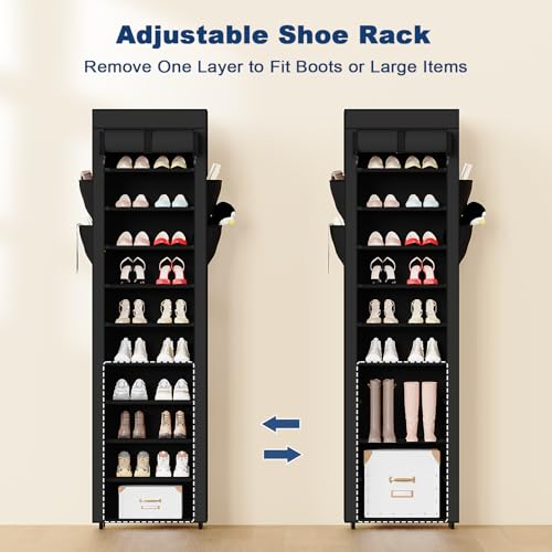 Mavivegue Shoe Rack with Cover, 10 Tier Tall Shoe Organizer for 18-22 Pairs of Shoes, Shoe Organizer with 4 Side Pockets, Shoe Cabinet for Entryway, Closet - color: Black