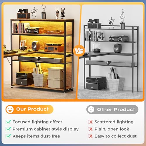 PRAISUN 57 Inch L Shaped Gaming Computer Desk with Larger Open Cabinet, Reverisble Office Desk with Power Outlets, LED Lights, Work Desk, Fabric Drawer, Adjustable Wood and Mesh Shelf, Rustic Brown - color: Rustic Brown