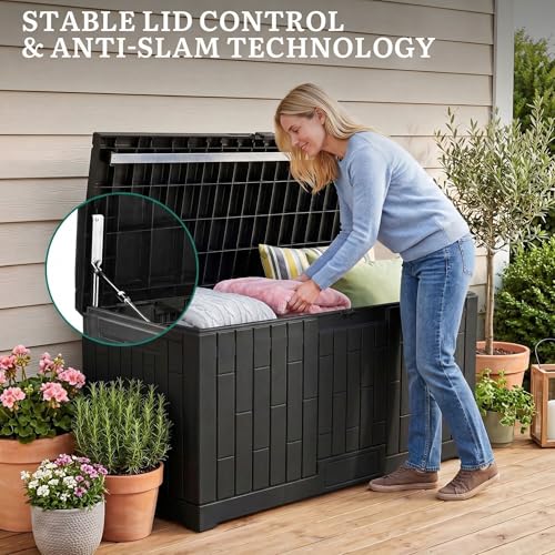 YITAHOME Large Outdoor Storage Box, 120 Gallon Waterproof Resin Deck Box with Slide-Locking Lid, Patio Storage Bin and Bench Seat for Garden Tools, Cushions & Pool Supplies, Easy Assembly, Black - color: Black, size: 120 Gallon, style: Deck Box