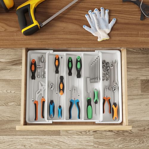 Lifewit Utensil Organizer for Kitchen Drawers, Expandable Cooking Utensil Tray, Adjustable Cutlery Silverware Flatware Holder, Plastic Spatula Tools Storage Divider, 11-18 x 14", White - color: White, size: Medium(11-18''W x 14''D)