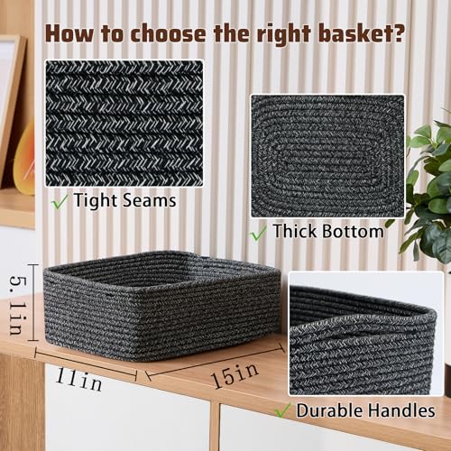 MiniArk Large Shallow Organizing Baskets 15x11x5.1 Inches - Rope Woven Storage Bins for Bathroom, Shelves, Cube Closet, Mixed Black 3 Packs - color: Mixed Black, size: 3pcs-L15×W11×H5.1"
