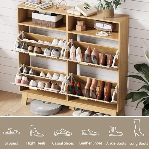 HUANLEGO Shoe Cabinet Storage for Entryway with 4 Flip Drawers, Fluted Narrow Shoe Organizer with Wooden Legs & Top Cubby, Freestanding Slim Shoe Storage Hidden Shoe Rack for Front Door Entrance, Oak - color: Oak, size: 4 Drawer with Cubby