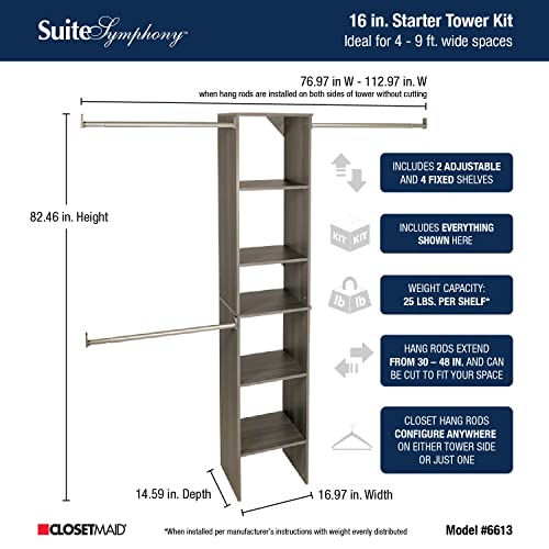 ClosetMaid SuiteSymphony Wood Closet Organizer Starter Kit with Tower and 3 Hang Rods, Shelves, Adjustable, Fits Spaces 4 – 9 ft. Wide, Graphite Grey - color: Graphite Grey, style: Starter Tower Kit