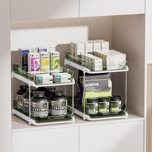Delamu 2-Tier Multi-Purpose Bathroom Under Sink Organizers and Storage, Stackable Kitchen Pantry Organization, Pull Out Medicine Cabinet Organizer with Movable Dividers, Light Green, 2 Pack - color: Light Green, size: 2 Pack
