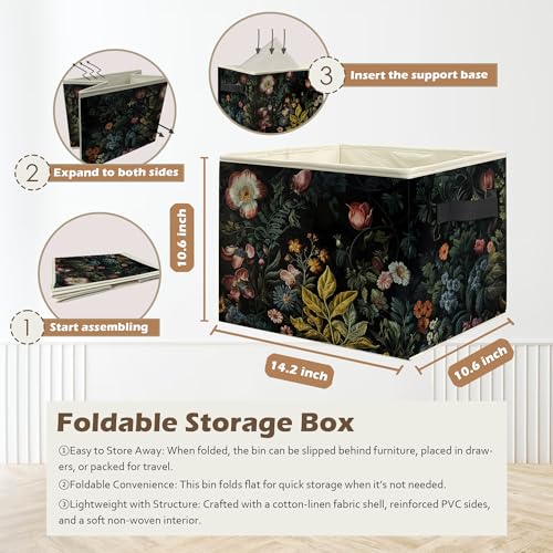 Vintage Gothic Floral Storage Box Bins, Dark Cottagecore Wildflower Botanical Collapsible Storage Basket Organizer for Bedroom Laundry Room Home Clothes Toys Books, Toybox for Girls - color: Gothic Floral