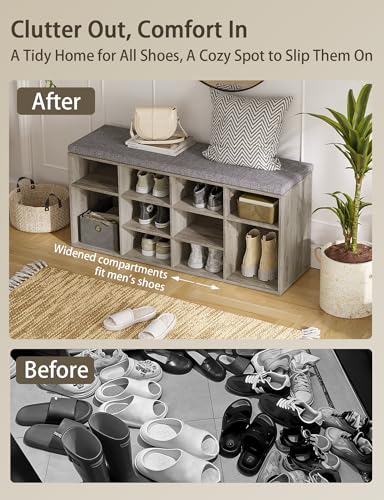DINZI LVJ Shoe Bench, 12 Cubbies Shoe Organizer for Entryway, Storage Bench with Cushion, Cubby Shoe Rack with Adjustable Shelves for Living Room, Bedroom, Mudroom, Hallway, Gray Wash - color: Gray Wash, size: 12 Cubby