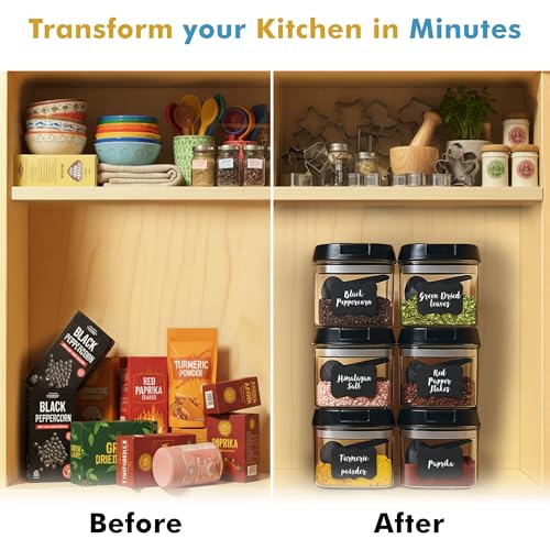 Shazo 6 PC Airtight Food Storage Containers + 6 Spoons Included - BPA Free Plastic Snack & Spice Containers with Easy Lock Lids - Kitchen and Pantry Organization for Herbs Coffee Tea - 0.5L / 2.1 Cup - color: Black - 6 Pc (Improved Quality), size: 6 Pc -