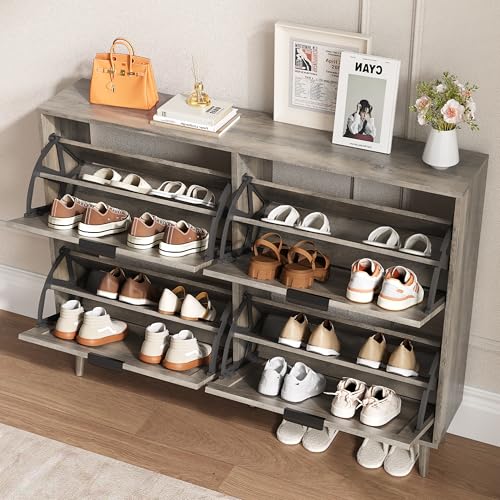 BORNOON Shoe Cabinet for Entryway with 4 Flip Drawers, Slim Wooden Shoe Storage Organizer with Modern Fluted Pannel，Freestanding Narrow Hidden Shoe Rack for Hallway, Foyer, Living Room - color: Grey, size: 4 Flip Drawers