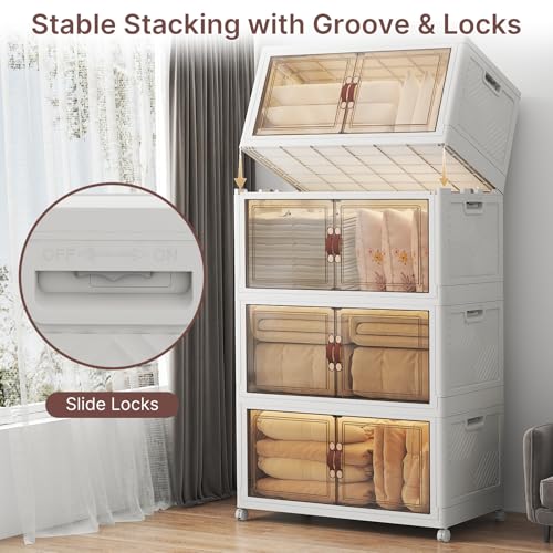 UAMFURI Stackable Storage Bins with Lids, 720QT Closet Organizers, Lockable Storage Cabinet，Foldable Storage Box with Doors and Wheels, Plastic Drawers for Home, Garage, Office (4, White, Extra Large) - color: White, size: Extra Large