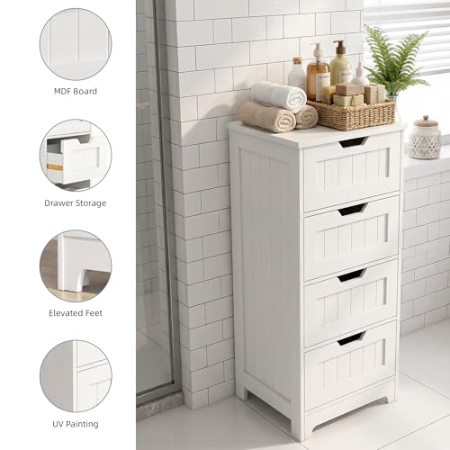 Casaphoria Skinny Bathroom Floor Storage Cabinet, 4-Drawer Narrow Freestanding Tower Cabinet with Anti-Tip Kit, Space-Saving Wooden Organizer for Small Spaces, White - size: 11.81"L×11.81"W×32.68"H