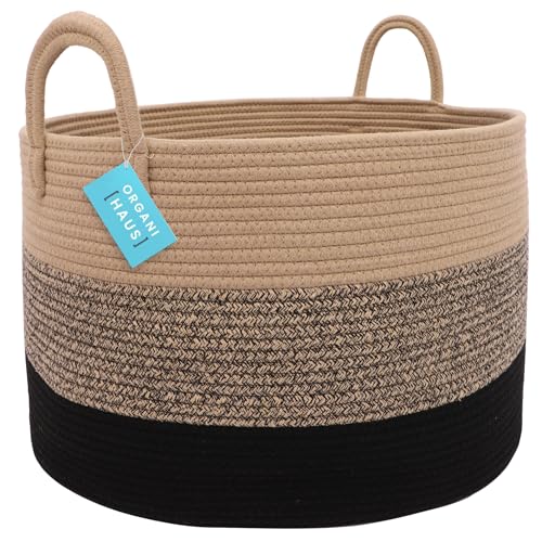OrganiHaus Large Woven Storage Basket for Blankets and Toys 20" x 13" Inch, Rope Laundry Basket with Handles, Cushions & Pillows Storage Bin, Nursery Hamper, Soft Round Dog Toy Bin - Brown/Black - color: 3-toned Brown, size: Wide
