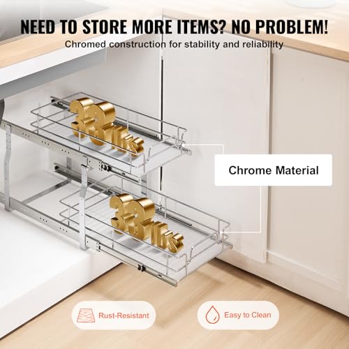 VEVOR Pull Out Cabinet Organizer, 12"W x 21"Dx15.2"H Heavy Duty Slide Out Pantry Shelves, Chrome-Plated Steel Roll Out Drawers for Home,13.5"Wx22"Dx19"H Inside Kitchen Cabinet, Bathroom, Under Sink - size: 12"W x 21"Dx15.2"H