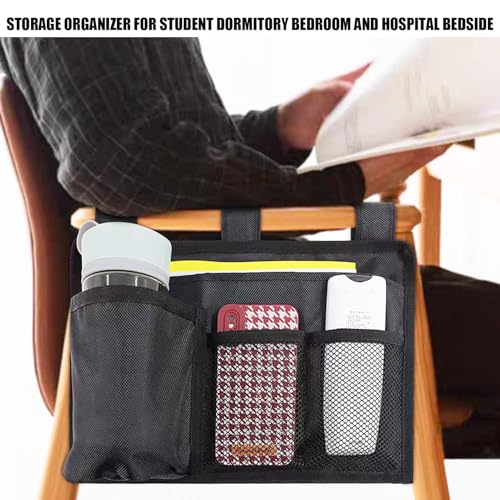 Hanging Bedside Caddy, Bedside Organizer Bunk Bed Storage Bag Hanging Pocket for Camp Dorms & Hospital Bed Rails More (Black 4 Pockets)