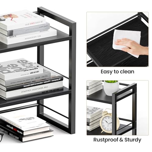 Office Desk Shelf Organizer, Wood Desktop Bookshelf Supplies Storage Rack, Shelf for Top of Desk and Dresser (Pure Black-2 Tier) - color: Pure Black