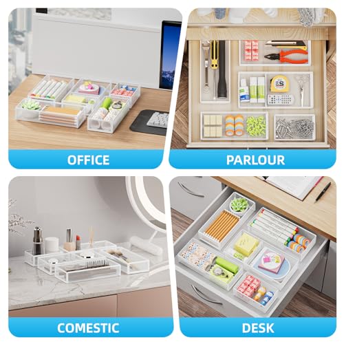 Marbrasse 5 Pack Desk Drawer Organizer Set, Mesh Drawer Storage Trays with 1 Adjustable Divider, Desk Organizers and Accessories, 5 PCS Drawer for Office Supplies, Makeup & Vanity (White) - color: White
